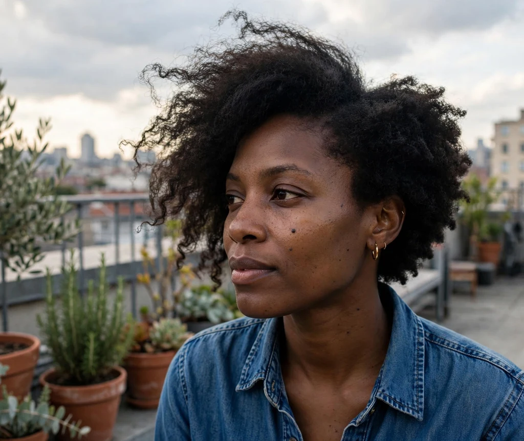 Black woman with an asymmetrical short fro on a rooftop terrace