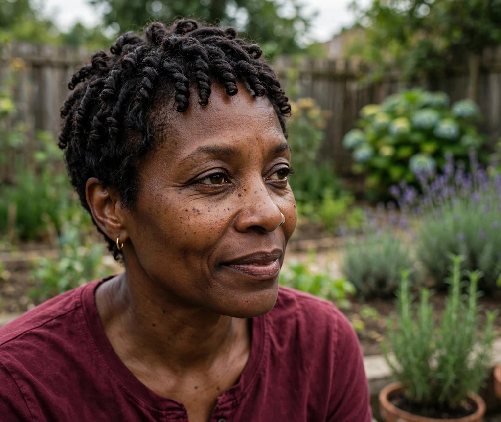 Black woman with a short finger coil pixie in a backyard garden