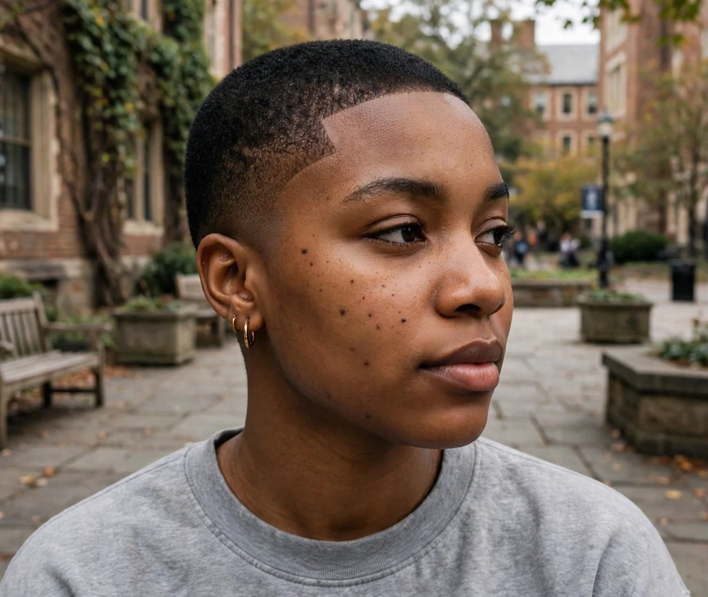 Black woman with a low tapered buzz cut on a campus courtyard