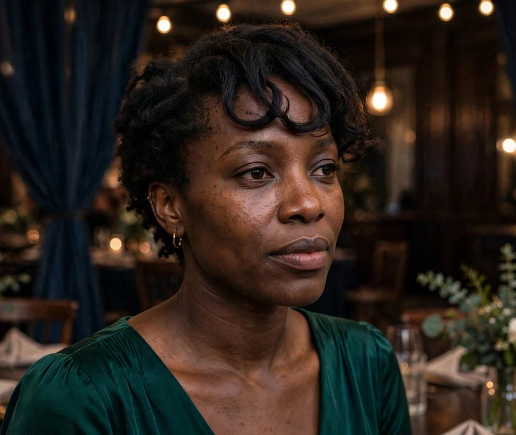 Black woman with swooped bangs at an evening event
