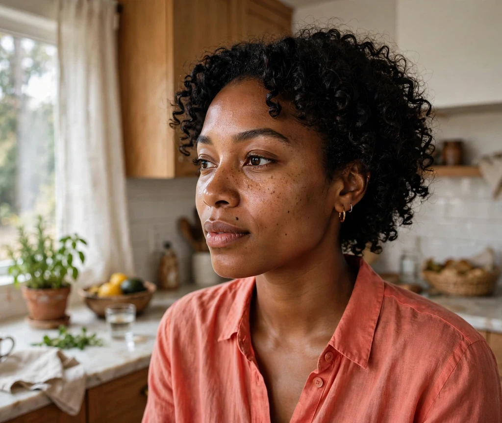 Black woman with defined wash-and-go curls in morning kitchen light