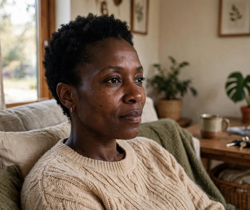 Black woman with a short afro and tapered edges in a living room