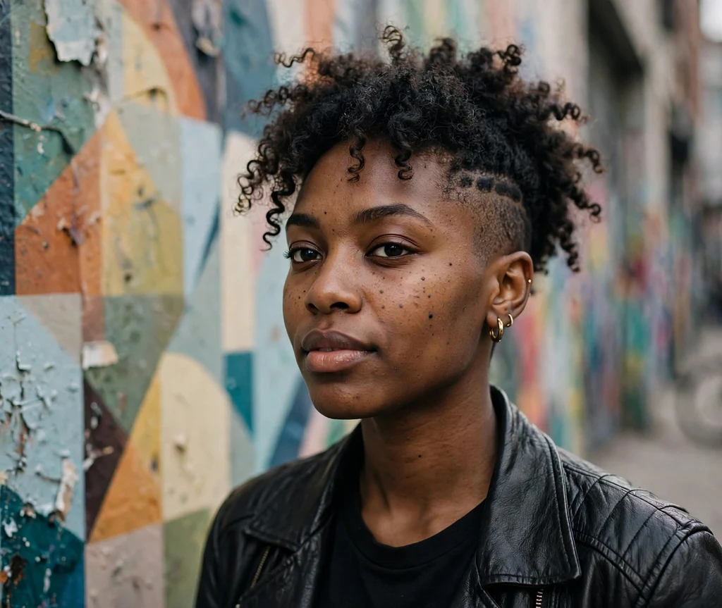 Black woman with a curly top and shaved sides by a street art wall