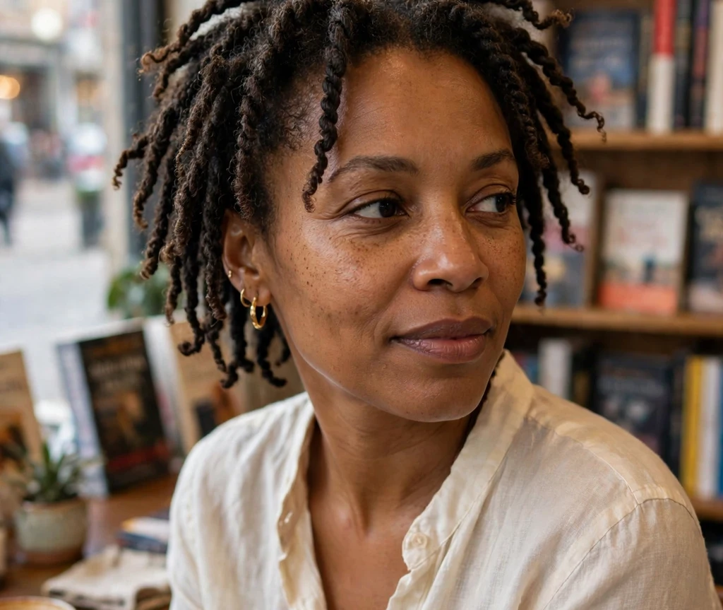 Black woman with a short twisted fro in a bookstore cafe