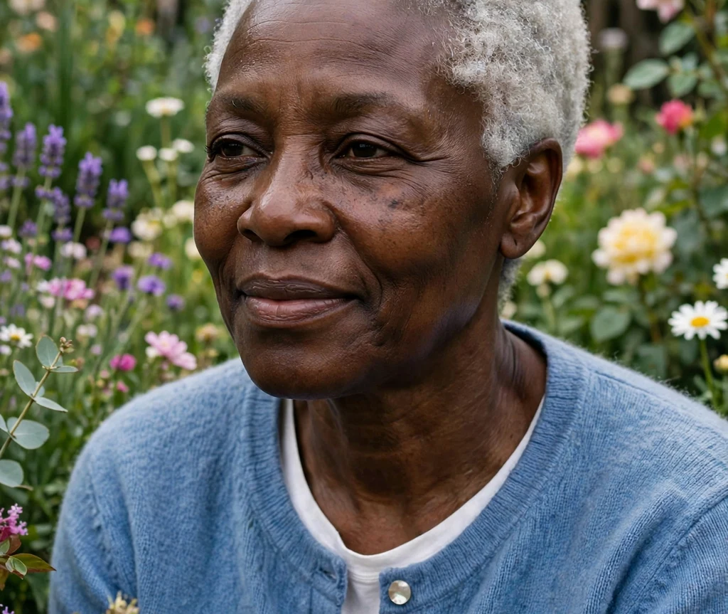 Black woman with an elegant silver-white TWA in a flower garden
