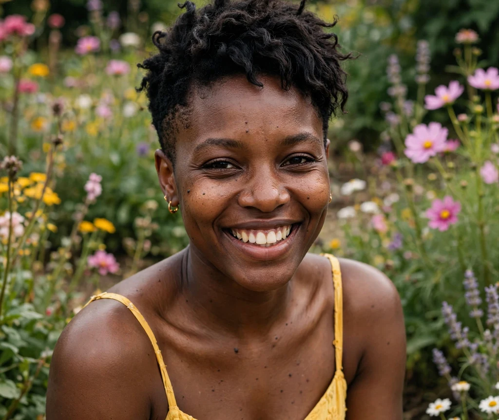 Black woman with a tapered natural pixie with soft curls
