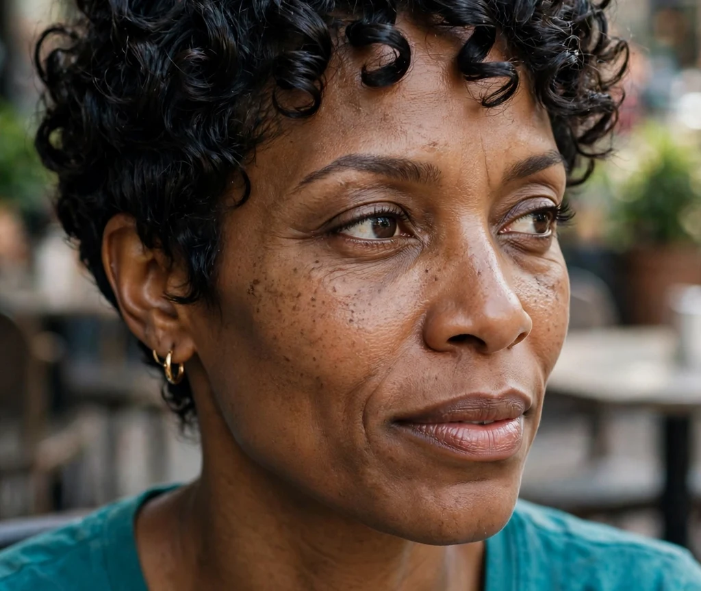 Black woman with a curly pixie with defined glossy coils