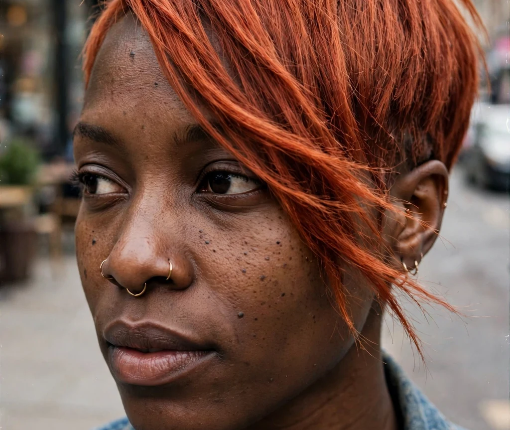 Black woman with an asymmetrical pixie and long copper fringe
