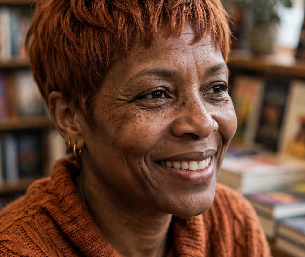 Black woman with a copper-colored textured pixie