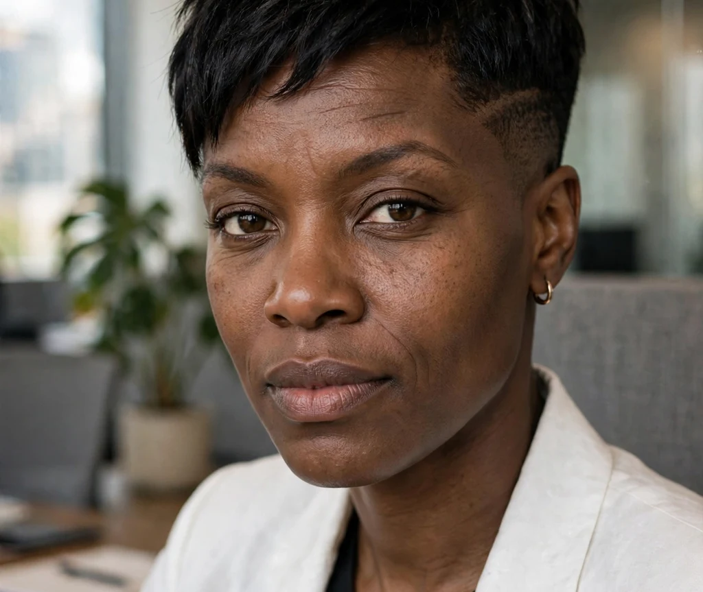 Black woman with a pixie with tapered fade sides