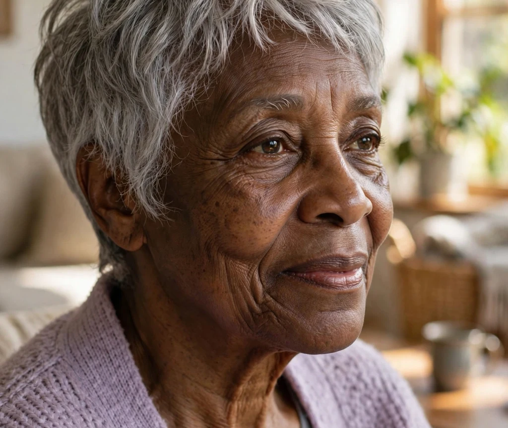 Older Black woman with a soft feathered gray pixie