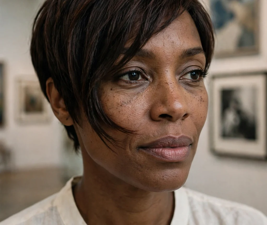 Black woman with a pixie with side-swept bangs