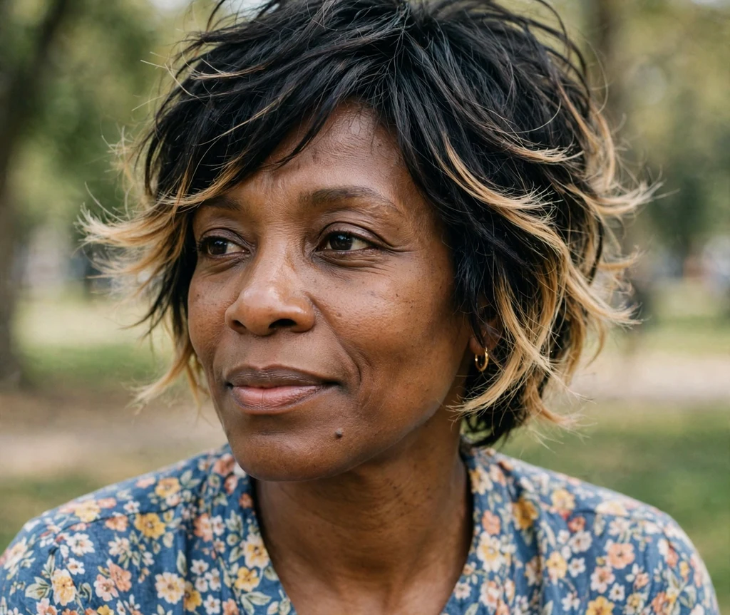 Black woman with a layered pixie with wispy honey ends