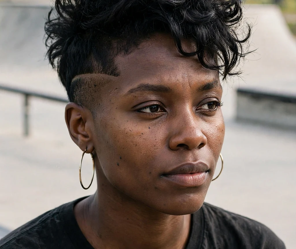 Black woman with a pixie with a bold shaved undercut