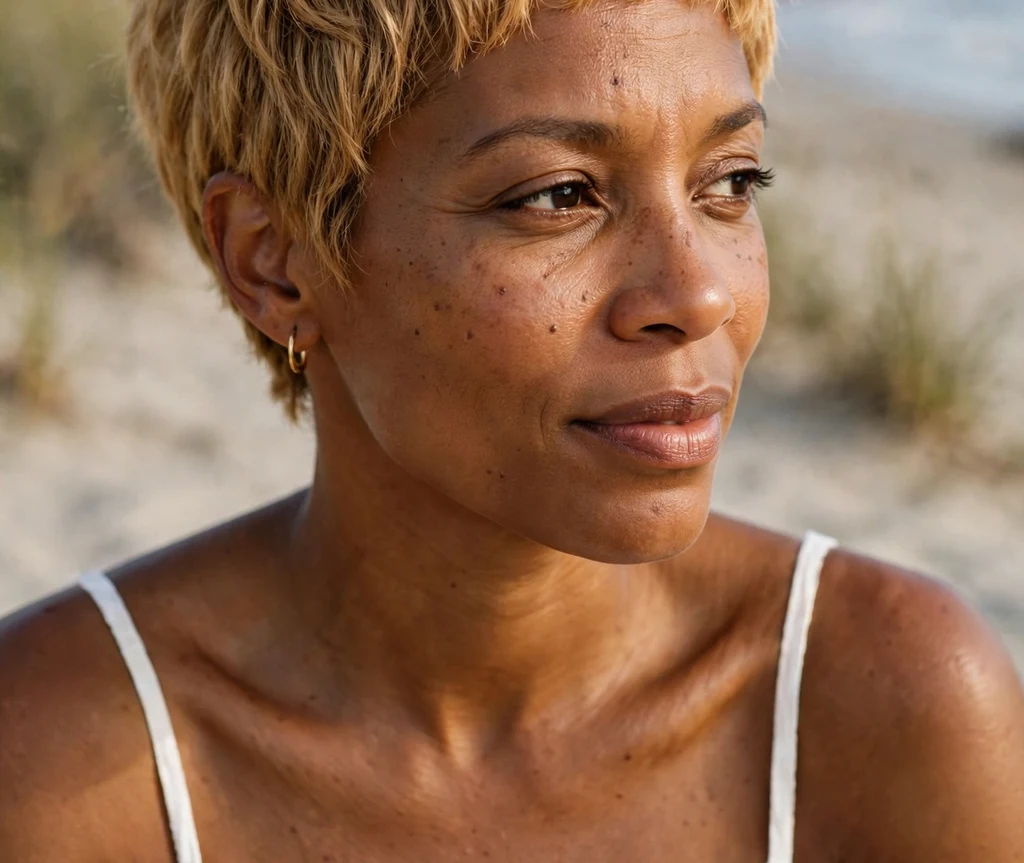 Black woman with a honey-blonde pixie crop