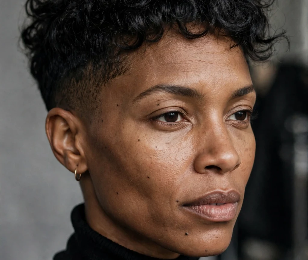 Black woman with curly top pixie and shaved sides