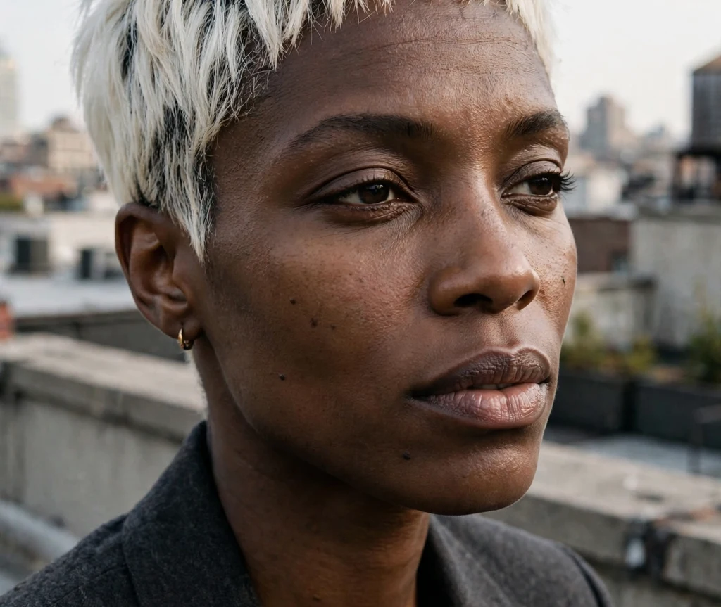 Black woman with a platinum pixie with dark roots