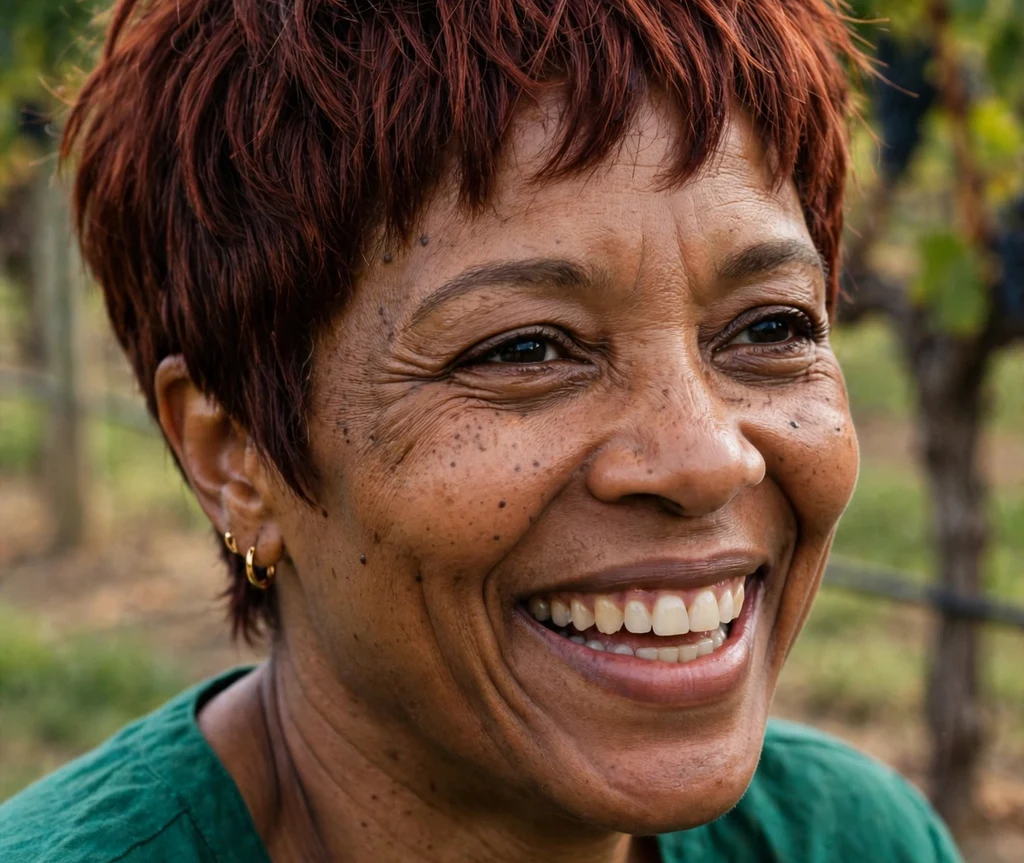 Black woman with an auburn choppy layered pixie
