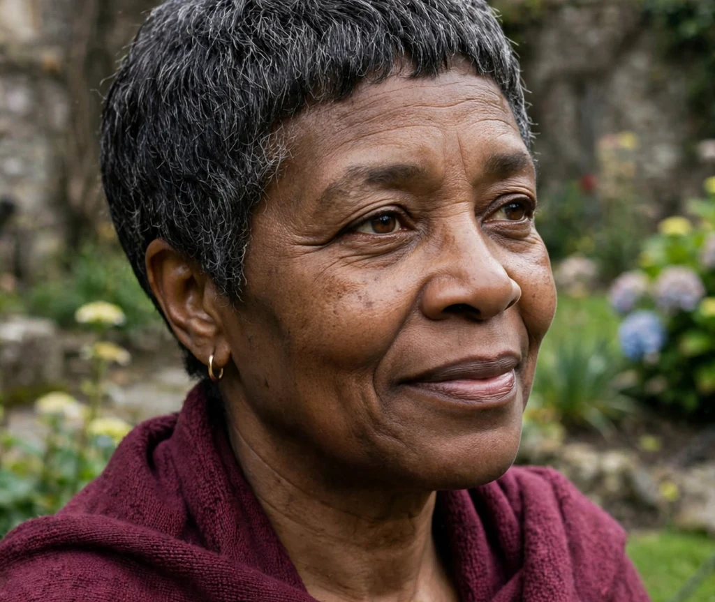 Older Black woman with a classic rounded pixie