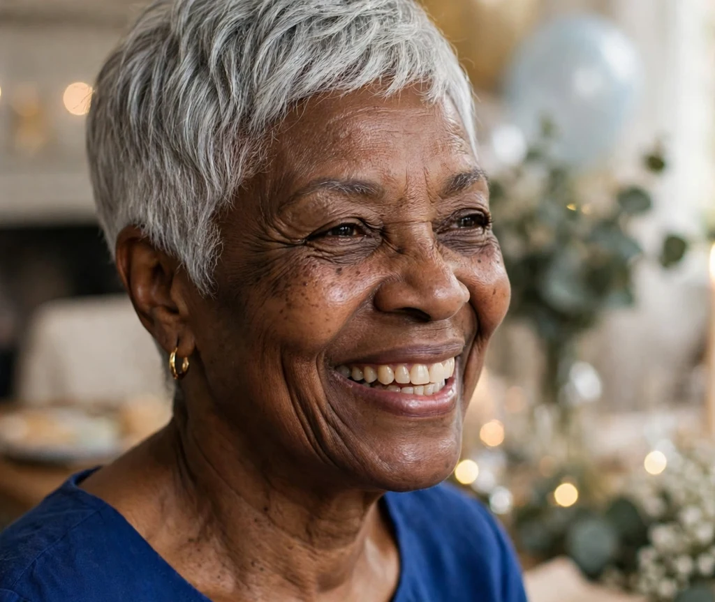 Older Black woman with a silver-gray pixie with shine