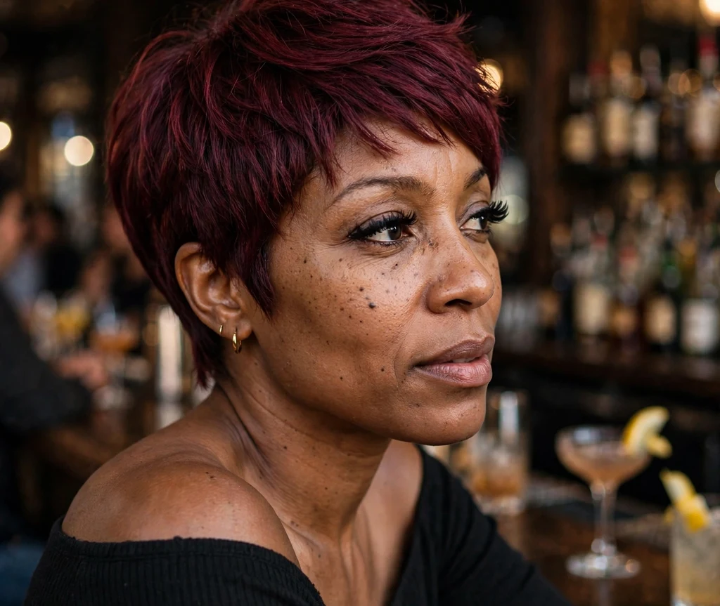 Black woman with a burgundy layered pixie