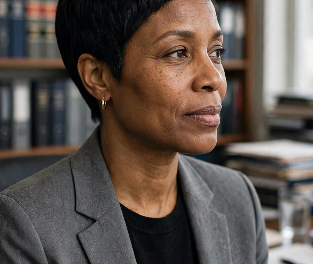 Black woman with a pixie with a clean tapered nape
