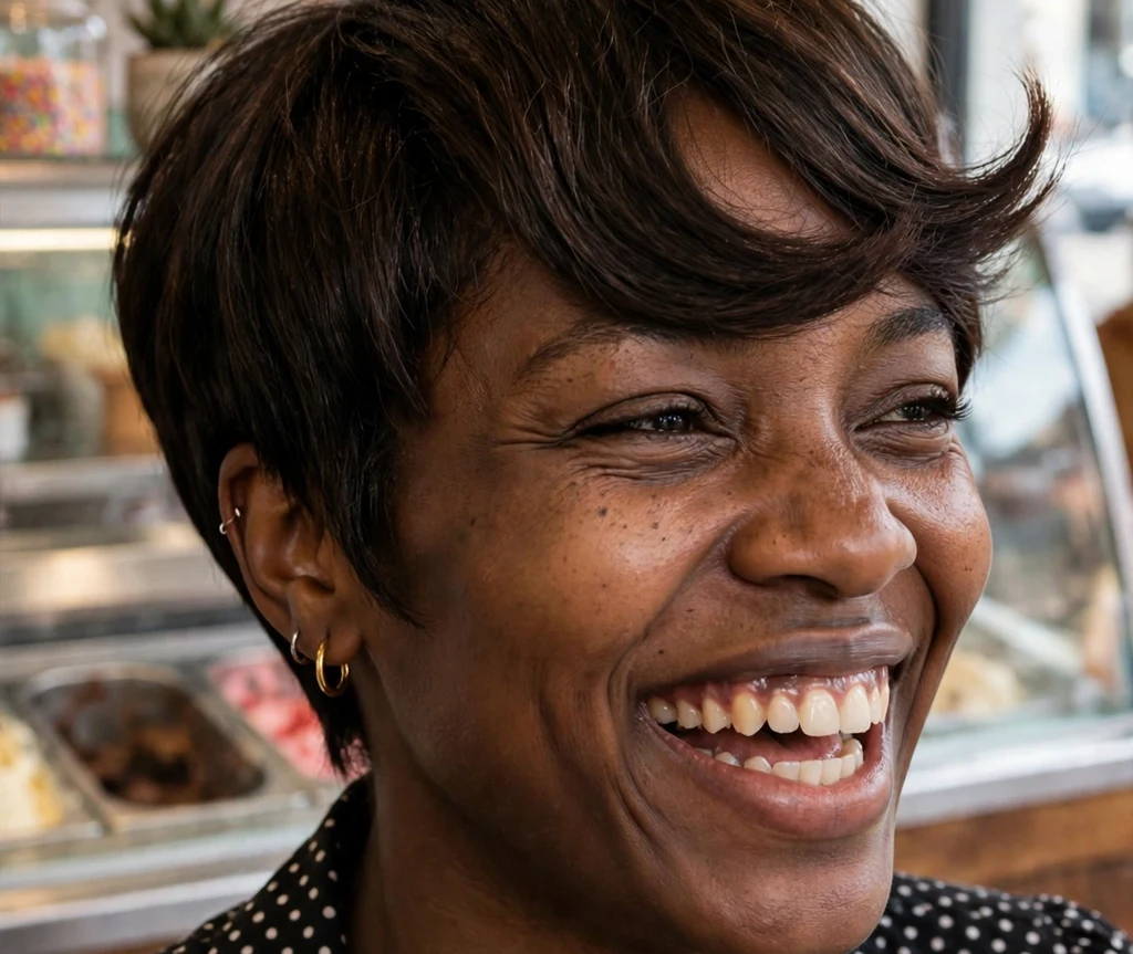 Black woman with a swoopy bang pixie