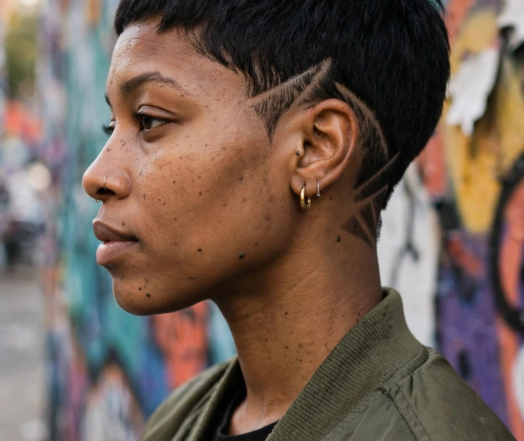 Black woman with a pixie with tapered nape line design