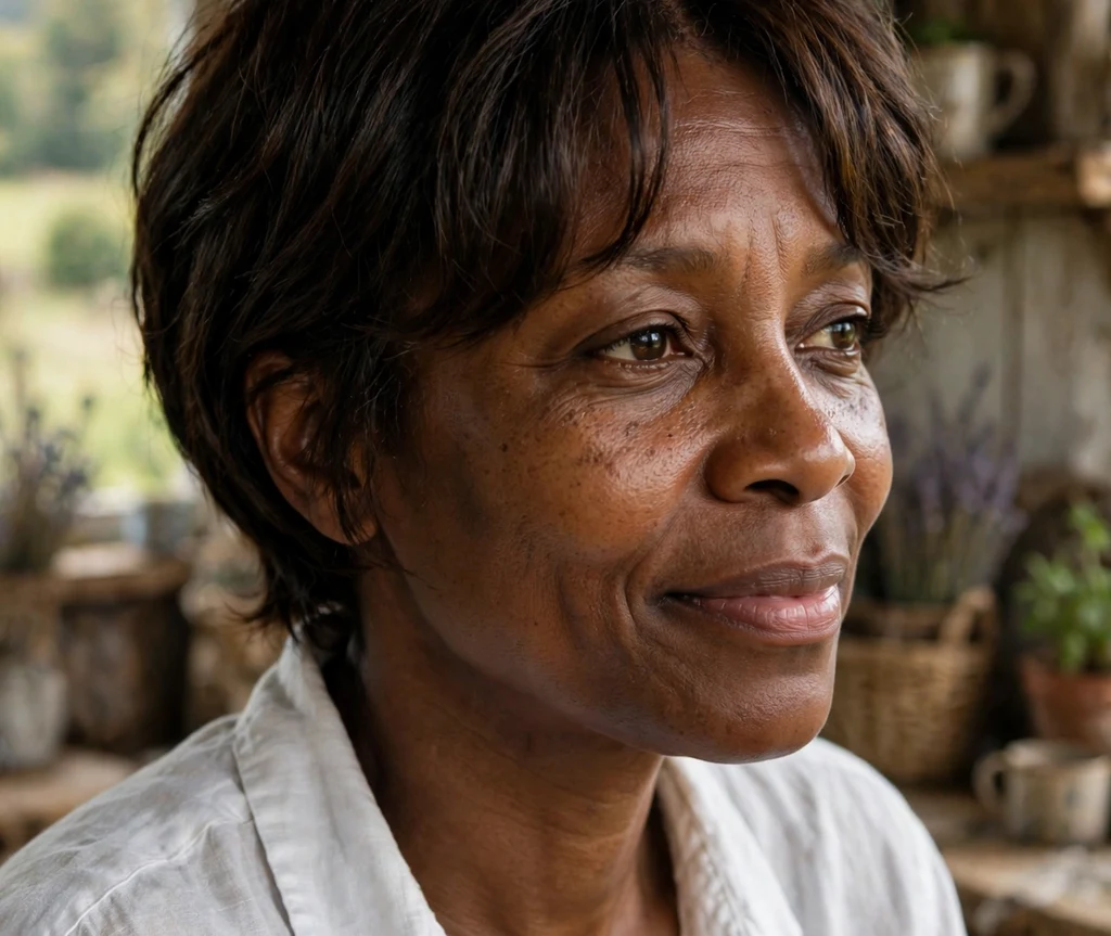 Black woman with a pixie with soft curtain bangs