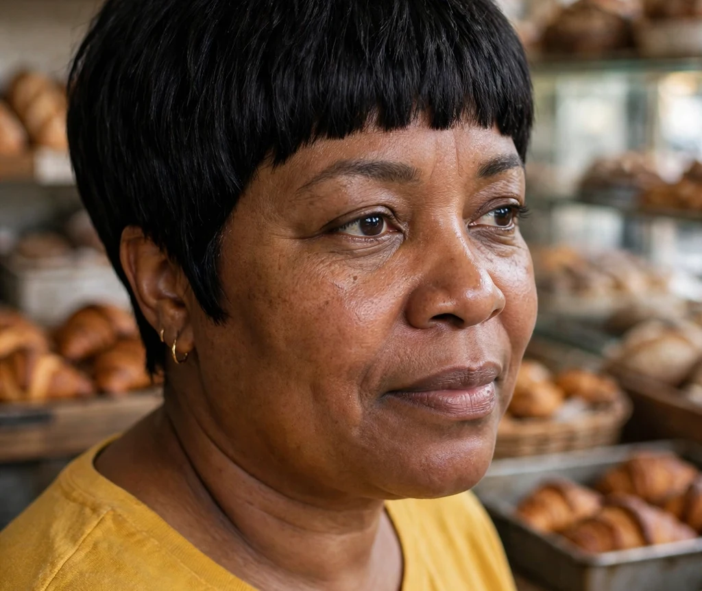 Black woman with a pixie with a full thick fringe