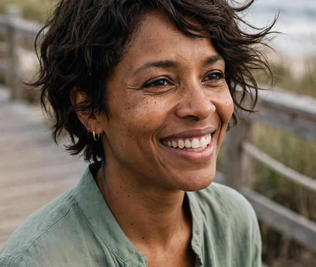 Black woman with a wavy pixie with loose texture