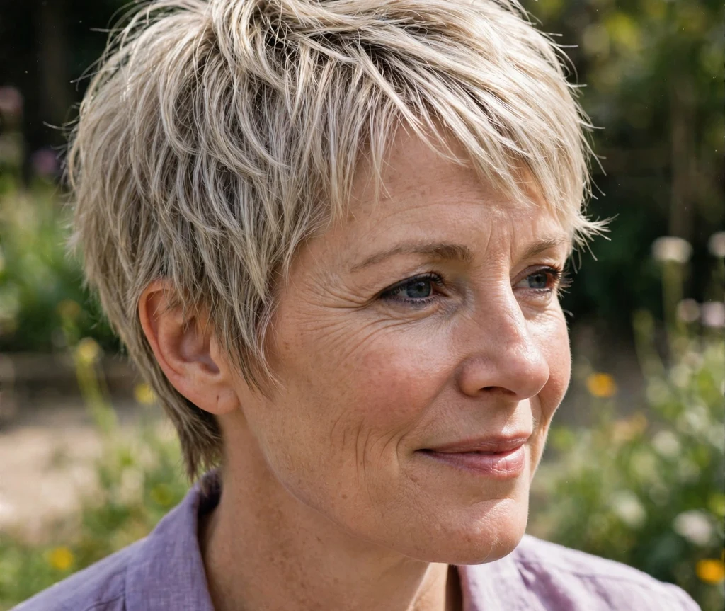 Textured pixie with choppy layers on fine ash blonde hair, Caucasian woman in her late 40s, lavender blouse, sunny garden
