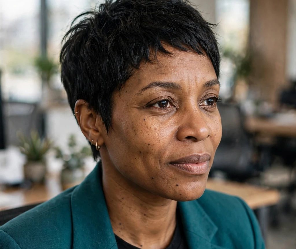 Classic textured pixie on fine black hair, Black woman in her mid 30s, teal blazer, modern office