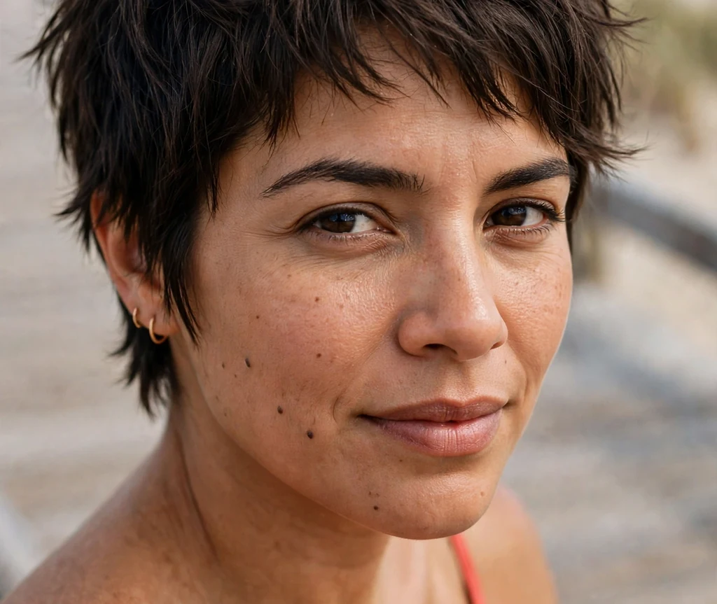 Choppy layered pixie on fine dark brown hair, Latina woman in her late 20s, coral sundress, beach boardwalk