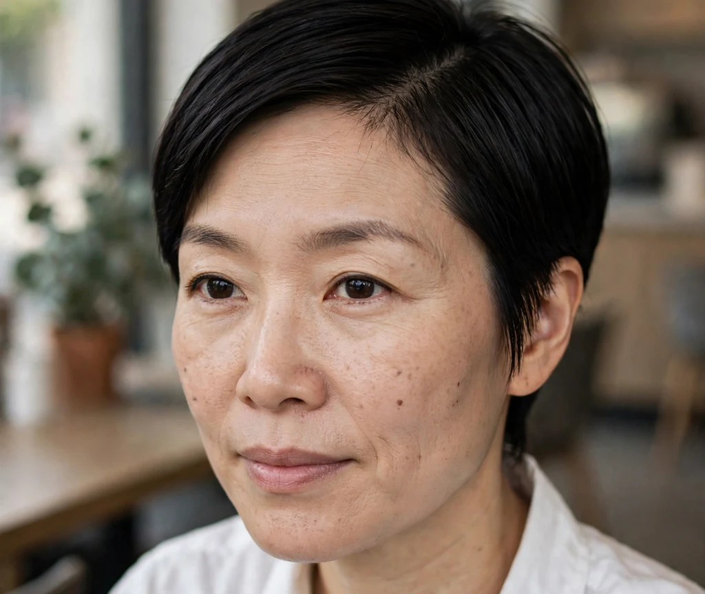 Sleek side-part pixie on fine jet black hair, East Asian woman in her early 40s, white shirt, modern café