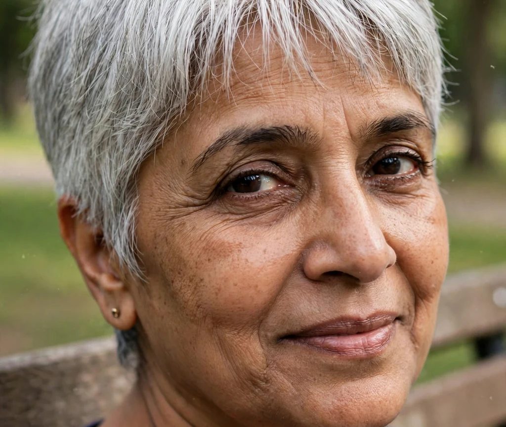 Pixie with wispy bangs on fine silver hair, South Asian woman in her mid 50s, navy top, park bench