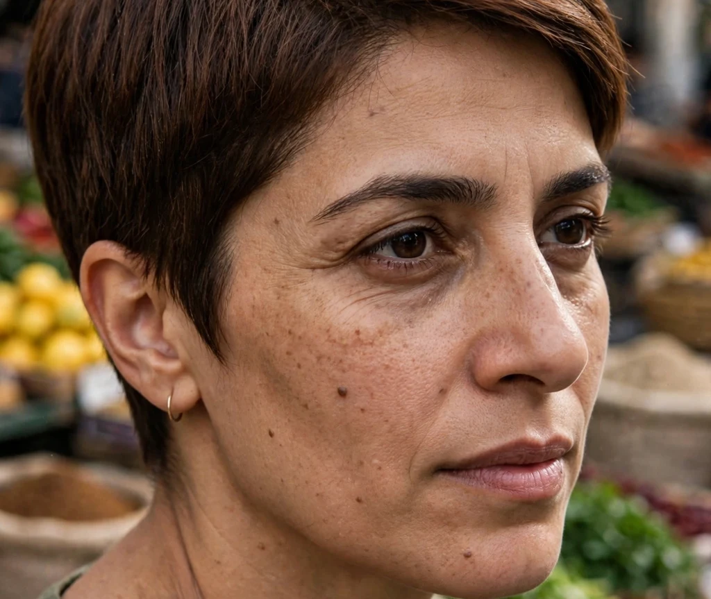 Tapered pixie with neat edges on fine chestnut hair, Middle Eastern woman in her mid 30s, olive-green top, street market