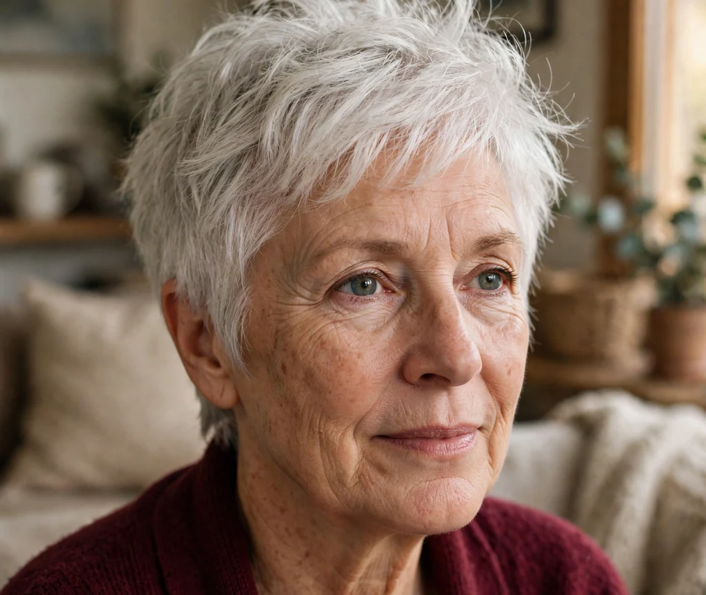 Messy tousled pixie on fine white hair, Caucasian woman in her early 60s, burgundy cardigan, cozy living room