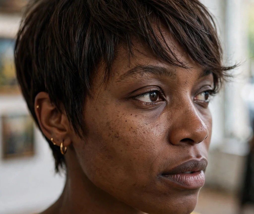 Pixie with side-swept bangs on fine dark brown hair, Black woman in her late 20s, mustard-yellow top, art gallery