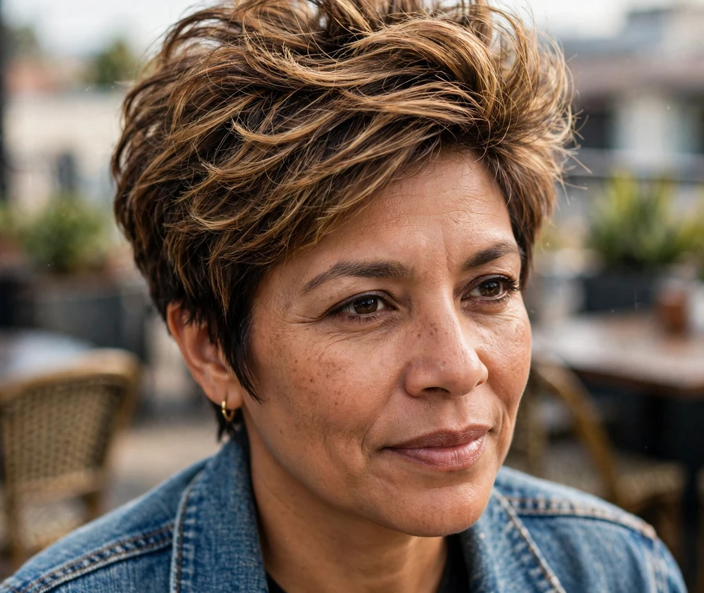 Voluminous crown pixie on fine caramel balayage hair, Latina woman in her mid 40s, denim jacket, rooftop café