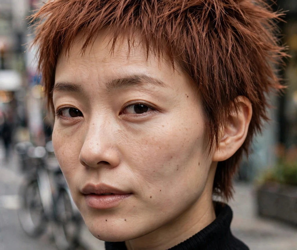 Edgy spiky pixie on fine auburn hair, East Asian woman in her mid 20s, black turtleneck, urban street