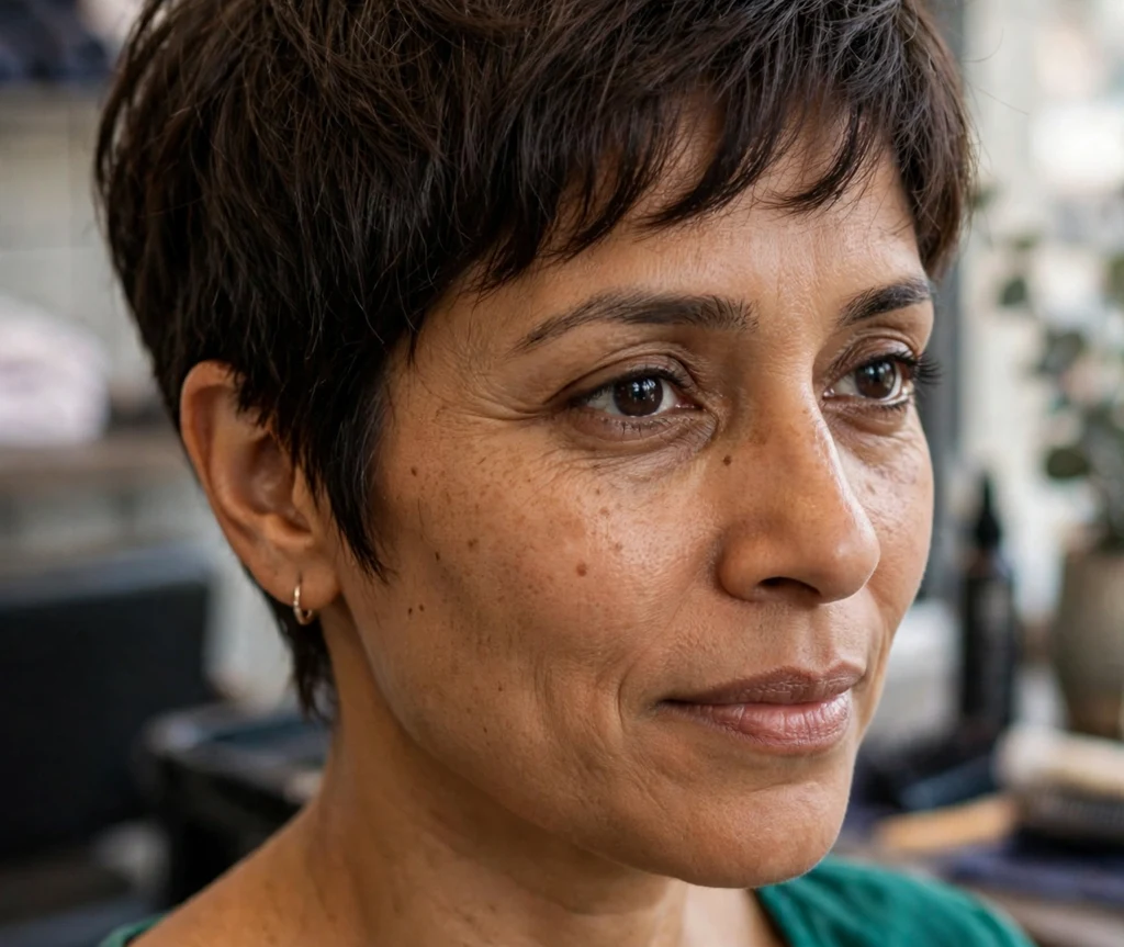 Soft feathered pixie on fine dark brown hair, South Asian woman in her late 30s, emerald top, salon