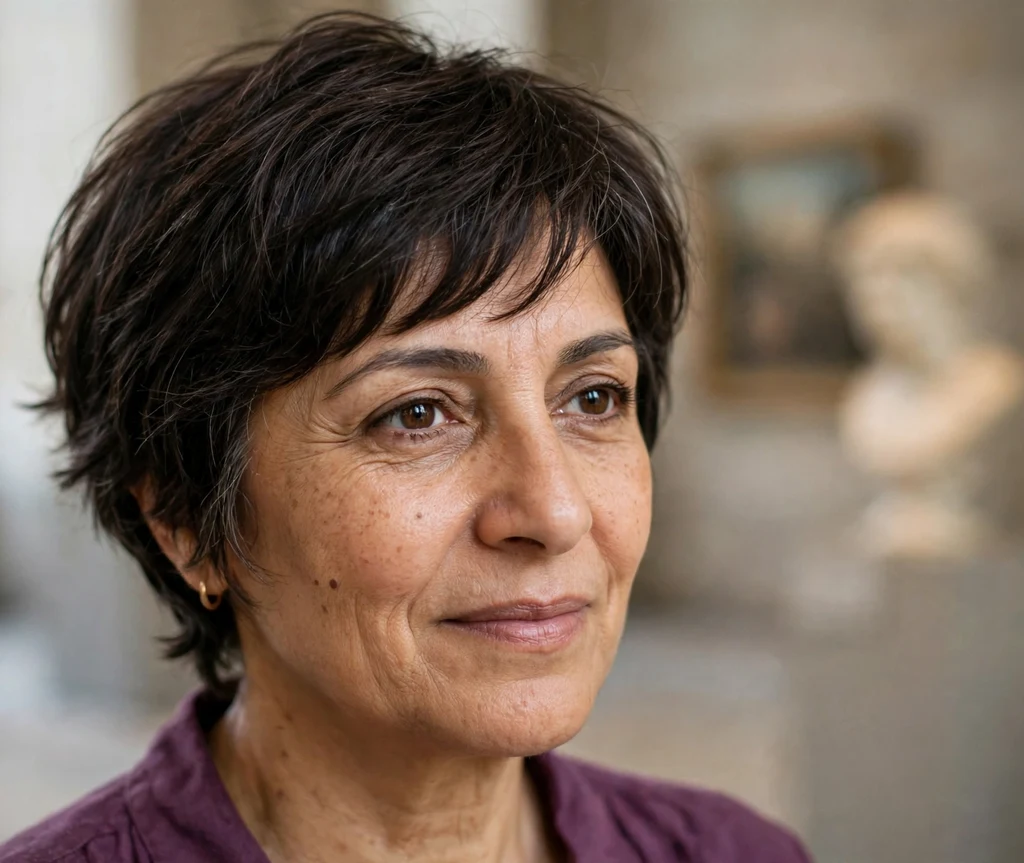 Pixie bob bixie cut on fine dark brown hair, Middle Eastern woman in her early 50s, plum blouse, museum