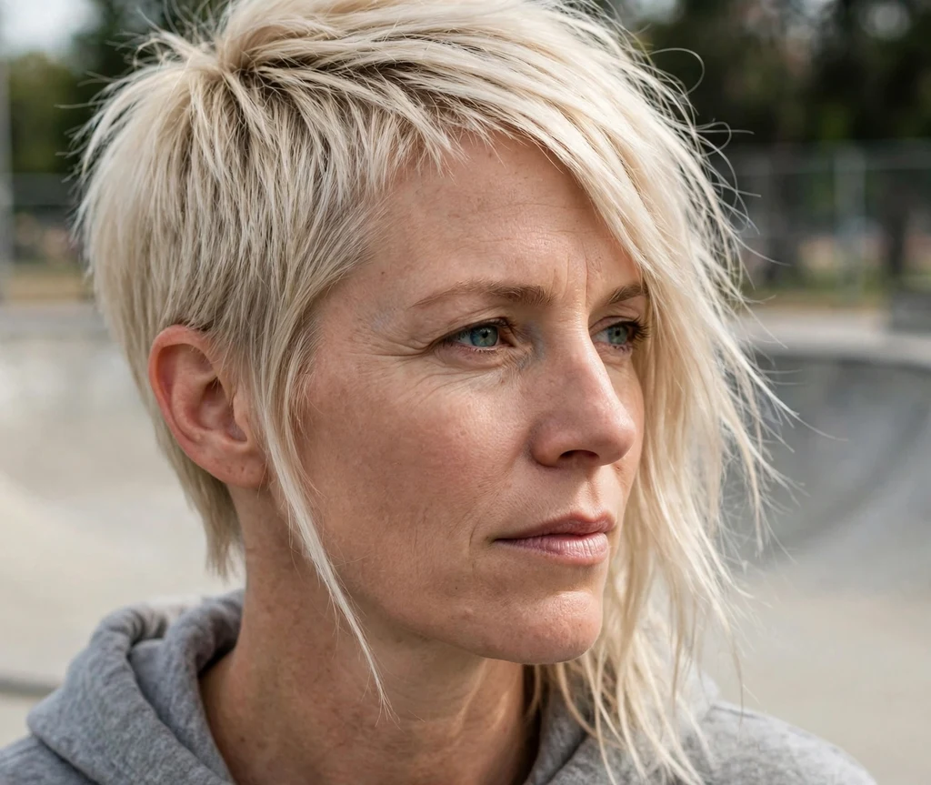 Asymmetrical pixie on fine platinum blonde hair, Caucasian woman in her mid 30s, gray hoodie, skate park