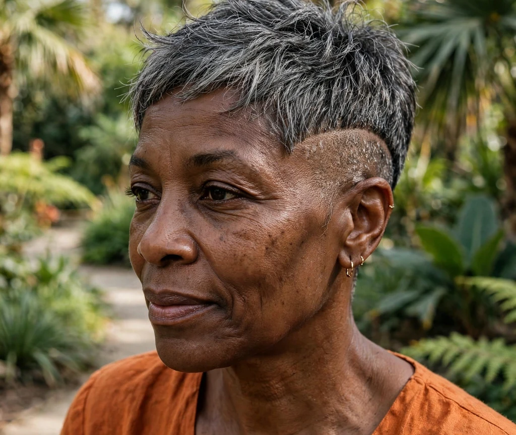 Undercut pixie on fine salt-and-pepper hair, Black woman in her early 50s, burnt-orange dress, botanical garden