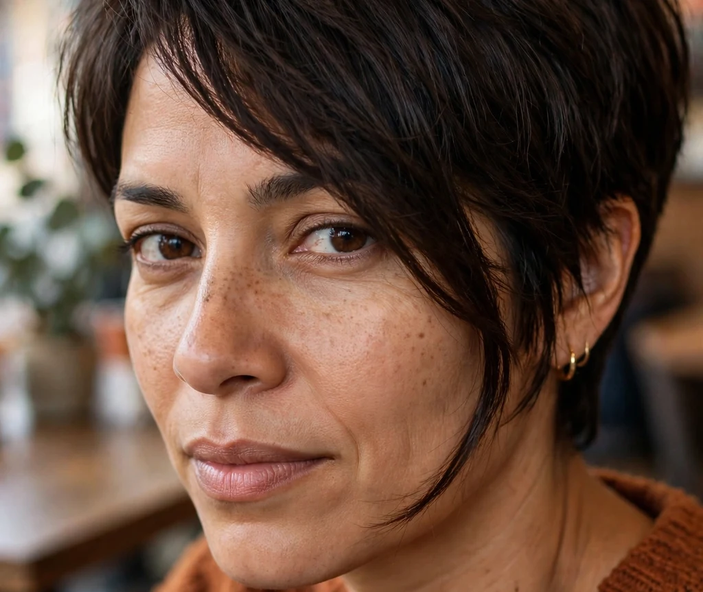 Pixie with long fringe on fine dark chocolate hair, Latina woman in her early 30s, rust-colored sweater, cozy café