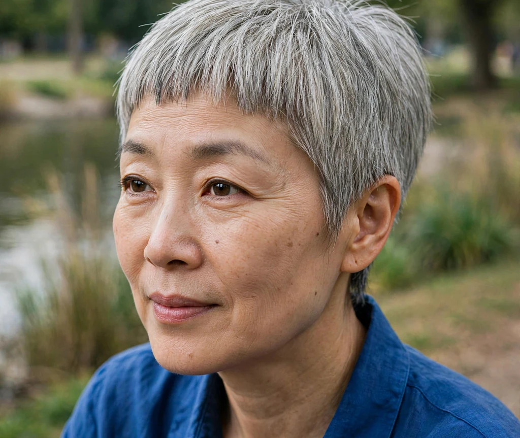 Cropped pixie with micro bangs on fine gray hair, East Asian woman in her late 40s, cobalt-blue blouse, riverside park