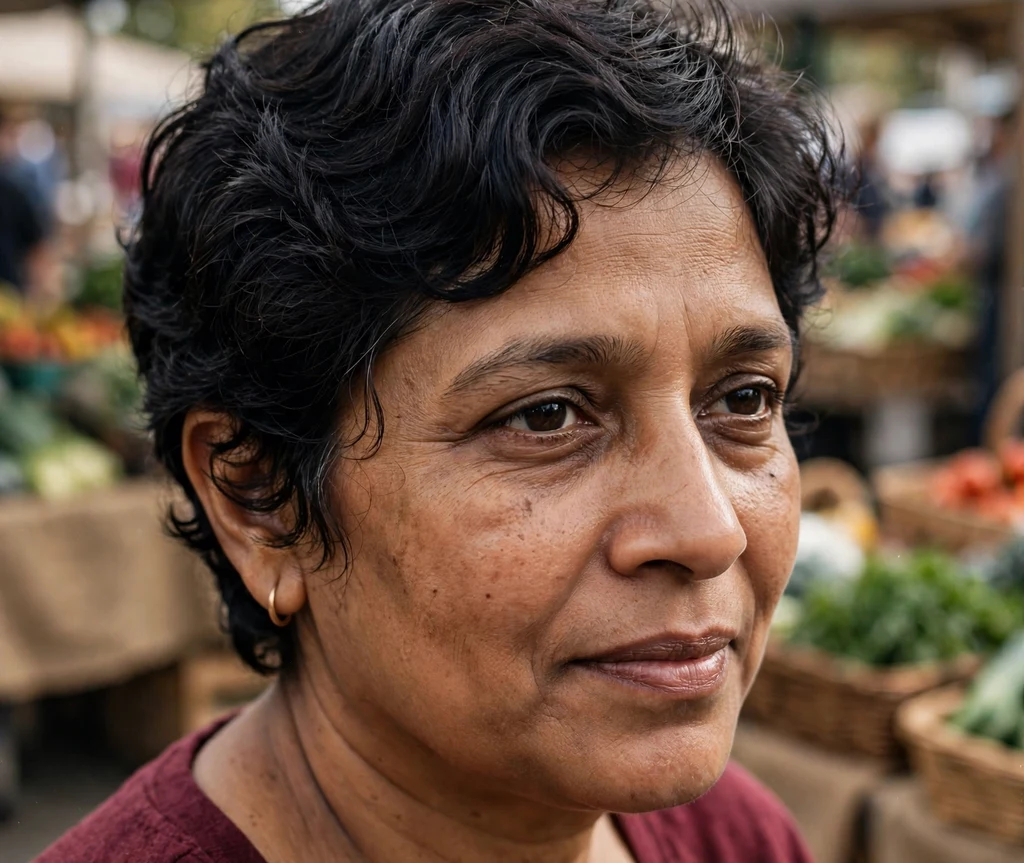 Softly curled pixie on fine black hair, South Asian woman in her mid 40s, maroon top, farmers market