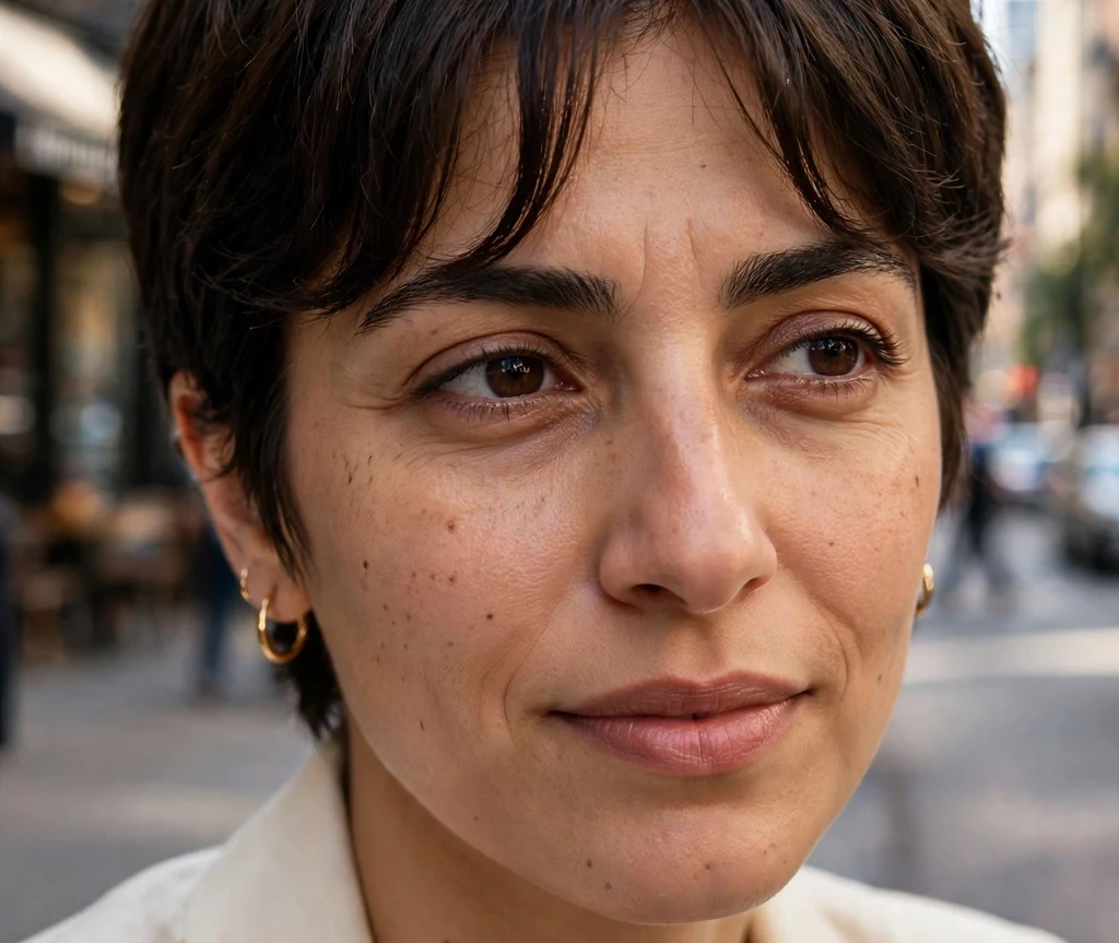 Pixie with curtain bangs on fine dark brown hair, Middle Eastern woman in her late 20s, cream blazer, downtown street