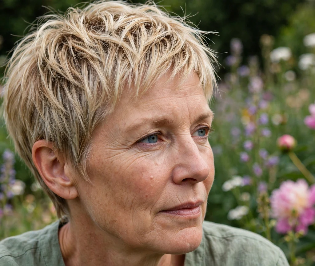 Dimensional blonde pixie on fine blonde hair, Caucasian woman in her late 50s, sage-green top, flower garden